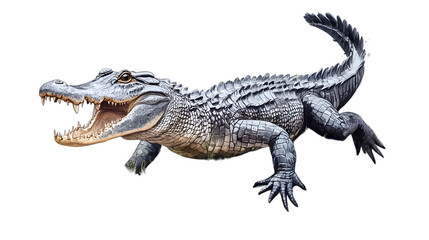 Fototapeta premium Watercolor drawing of a crocodile breaking out of turf water isolated on transparent background