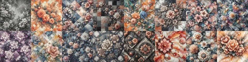 Flowers on marble stone abstraction. AI generated illustration