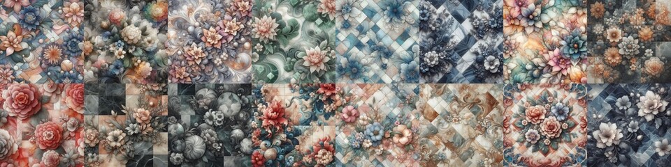 Flowers on marble stone abstraction. AI generated illustration