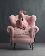 A vibrant pink flamingo relaxes elegantly on a soft pink armchair, creating a whimsical and artistic atmosphere