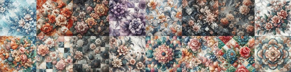 Flowers on marble stone abstraction. AI generated illustration