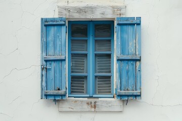 Obraz premium A blue window in the center and a white wall. Traditional greek architecture