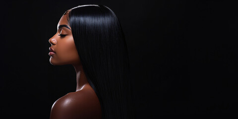 a young black woman with sleek, straight black hair cascading down her shoulders, black background, professional beauty photography for hair product or salon