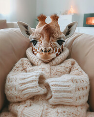 A giraffe is comfortably seated on a sofa, dressed in a knitted sweater, enjoying a warm atmosphere in a sunlit living room