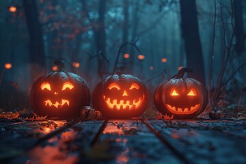 Glowing Jack O Lantern halloween pumpkin on spooky dark background