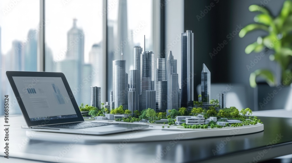 Poster clean workspace with an open laptop and a futuristic city model