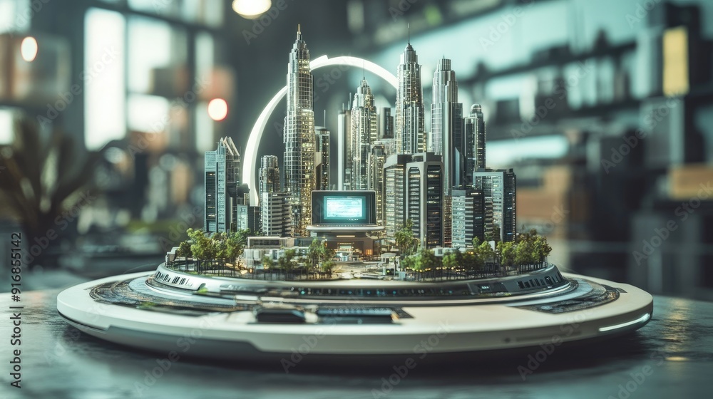 Poster clean workspace with an open laptop and a futuristic city model