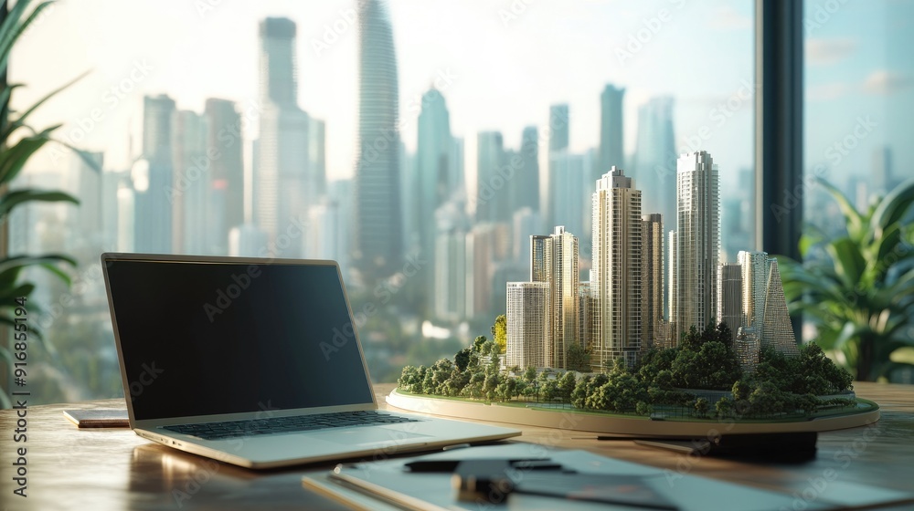 Poster clean workspace with an open laptop and a futuristic city model
