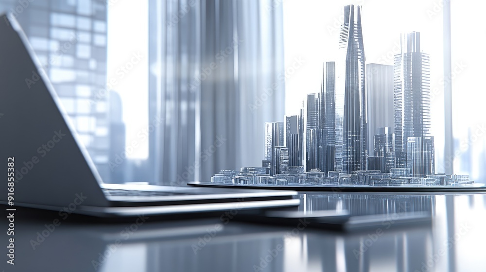 Poster clean workspace with an open laptop and a futuristic city model