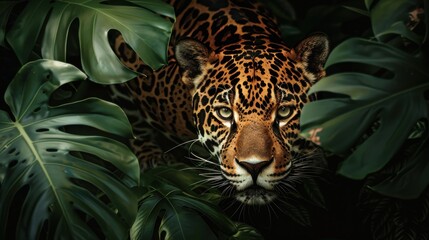 A Jaguar Peering Through Lush Jungle Leaves