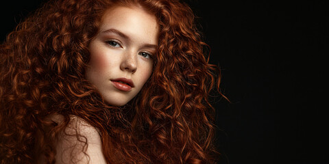 Obraz premium portrait of a young white woman with soft, voluminous curls in a rich auburn shade, black background, professional beauty photography for hair product or salon