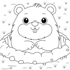 Cute Groundhog poked its head out of  the cave outline coloring page