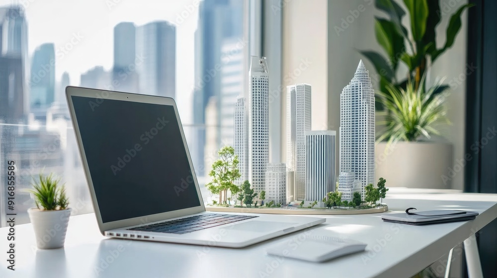 Poster clean workspace with an open laptop and a futuristic city model