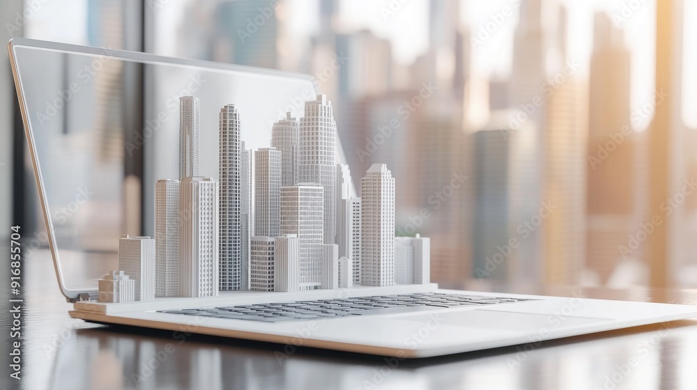 Poster clean workspace with an open laptop and a futuristic city model