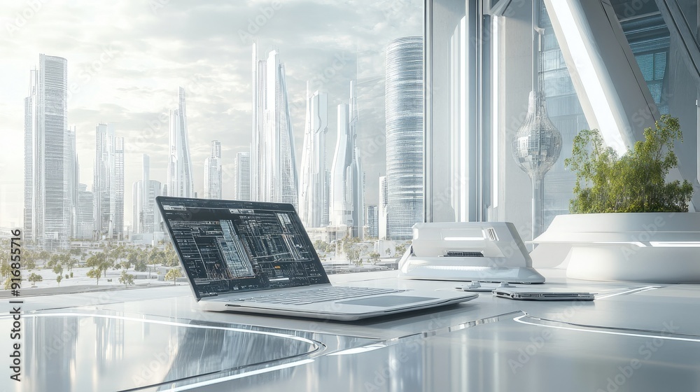Poster clean workspace with an open laptop and a futuristic city model