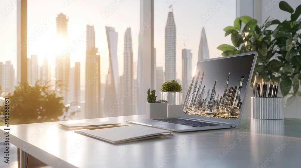 Poster clean workspace with an open laptop and a futuristic city model
