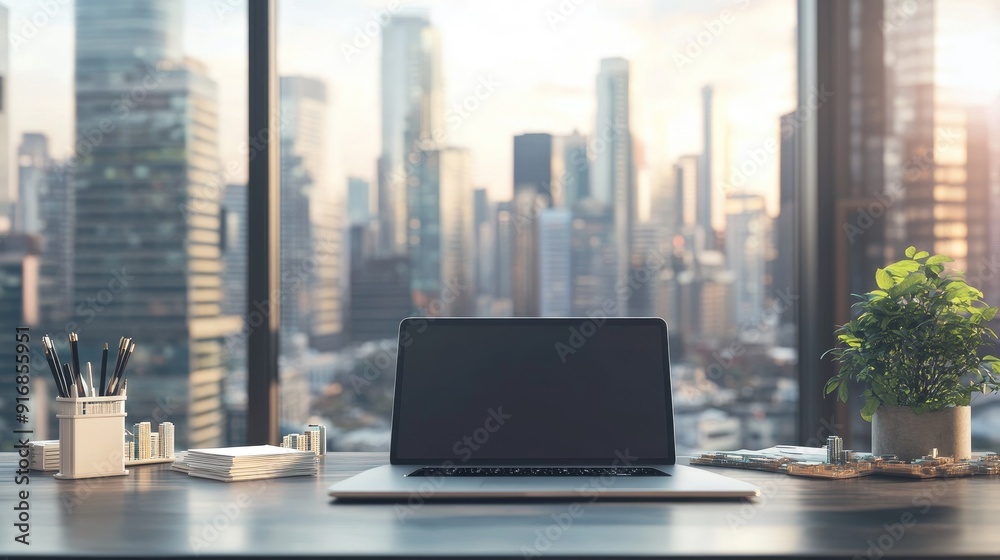 Poster clean workspace with an open laptop and a futuristic city model