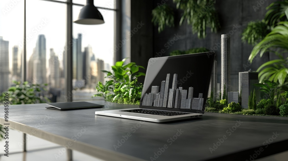 Poster clean workspace with an open laptop and a futuristic city model