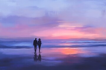 Fototapeta premium Couple Walking into Sunset on the Beach