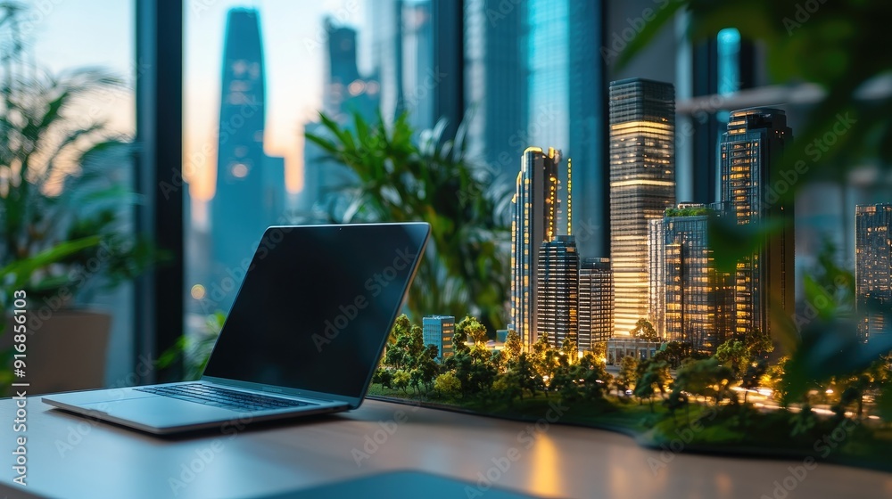 Poster clean workspace with an open laptop and a futuristic city model