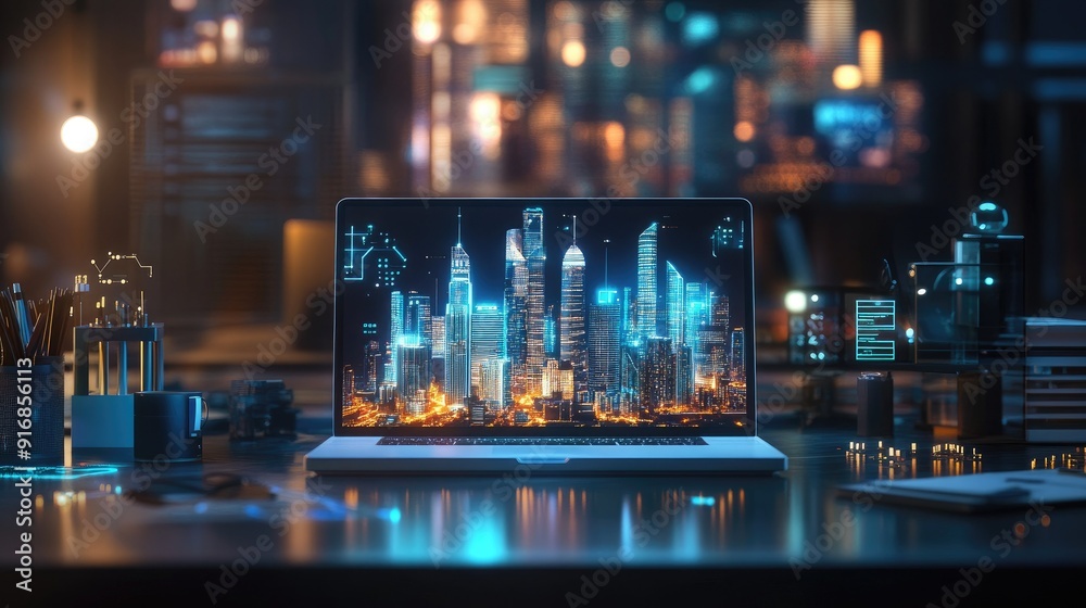 Poster clean workspace with an open laptop and a futuristic city model