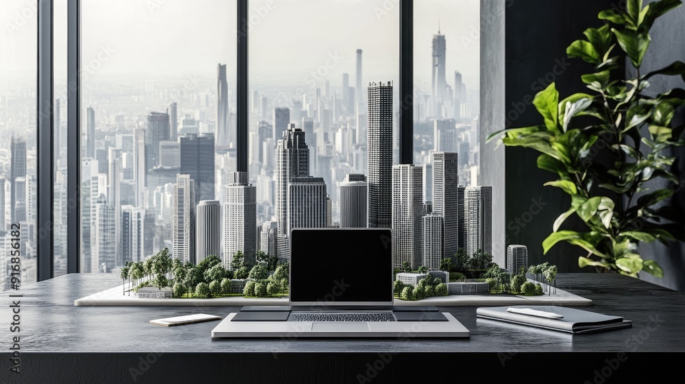 Poster clean workspace with an open laptop and a futuristic city model