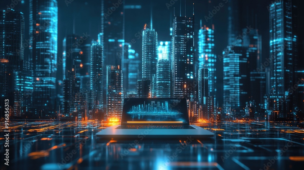 Poster clean workspace with an open laptop and a futuristic city model
