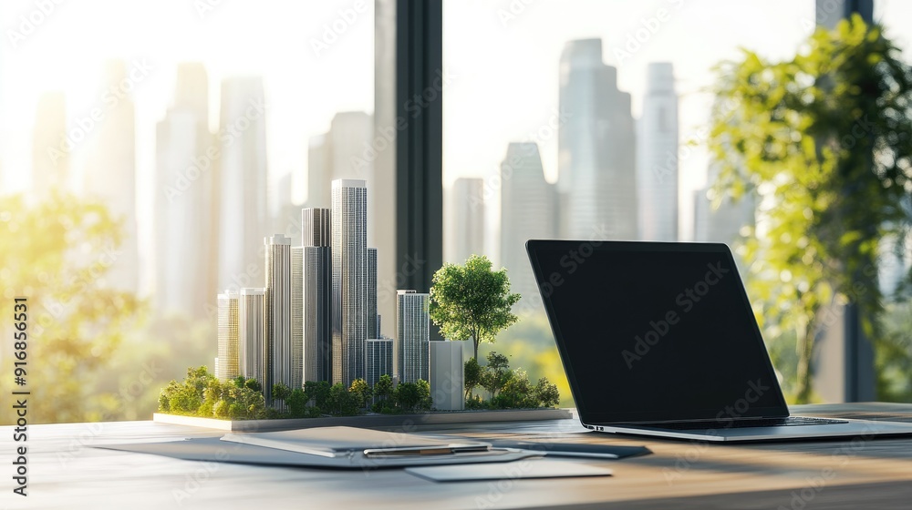 Poster clean workspace with an open laptop and a futuristic city model