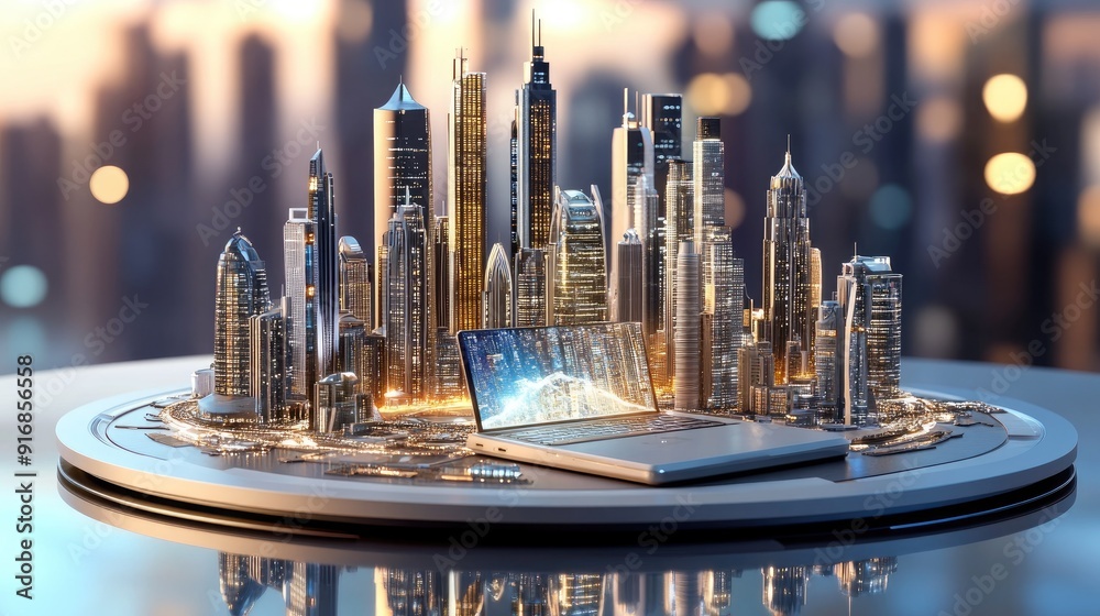 Poster Clean workspace with an open laptop and a futuristic city model
