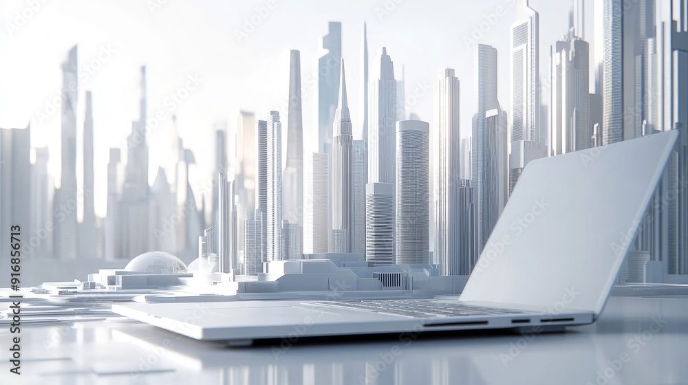 Poster Clean workspace with an open laptop and a futuristic city model