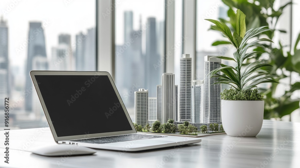 Poster clean workspace with an open laptop and a futuristic city model