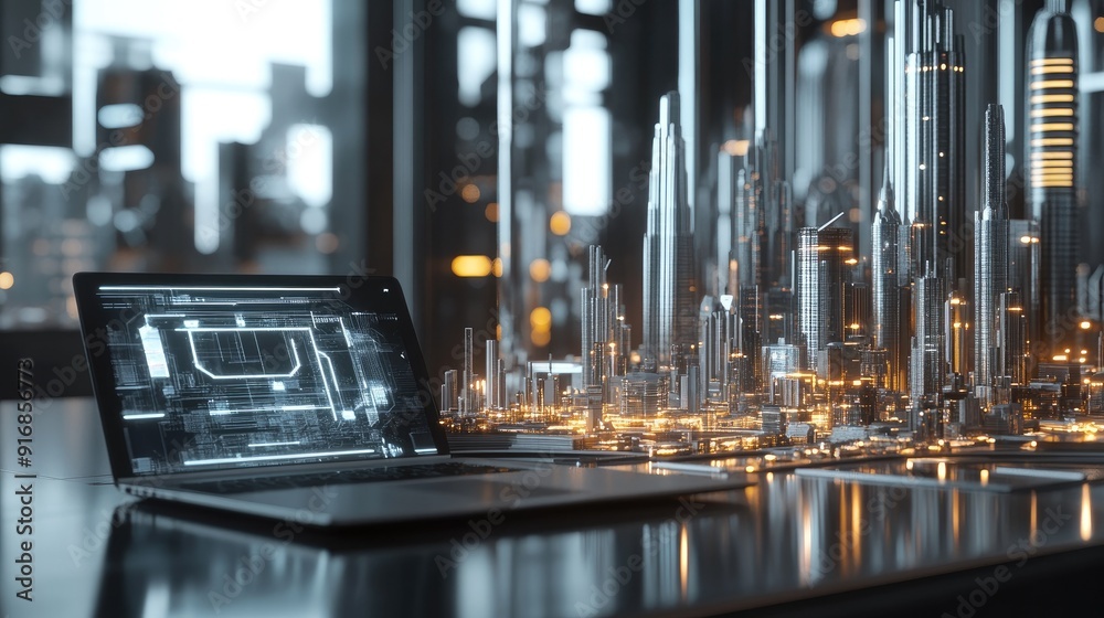 Aufkleber clean workspace with an open laptop and a futuristic city model