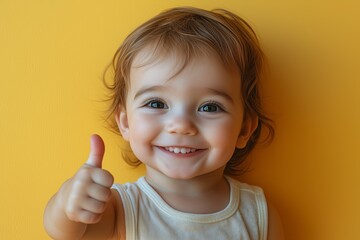 Joyful Toddler With Thumbs-Up Against Pastel Yellow Background