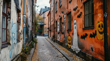 Naklejka premium Spooky Halloween Street Art: A Chilling Display