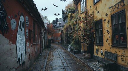 Naklejka premium Spooky Halloween Street Art: A Chilling Display