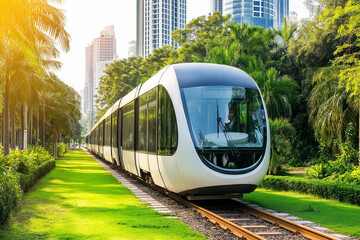 Naklejka premium Modern train on tracks in a lush green park.