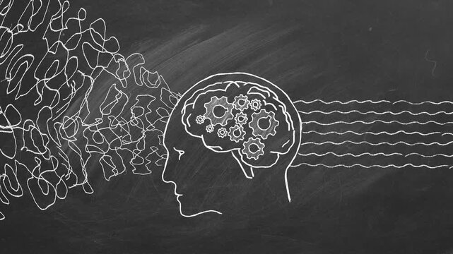 A chalkboard drawing illustrates a human profile with a brain filled with gears, surrounded by abstract shapes and lines representing thought flows.
