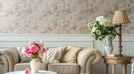 Flowers on table and sofa in living room with lamp and wallpaper. Real photo