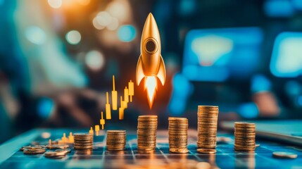 A rocket launch symbolizes financial growth with stacks of coins. Perfect for business or investment themes with a dynamic rise concept.