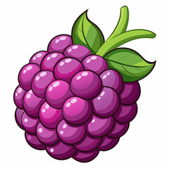 A Cartoon Illustration of a Single Purple Blackberry with Green Leaves