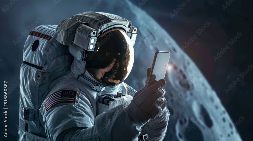 Wall mural astronaut using mobile phone during spacewalk messaging taking pictures. spaceman examining new plan