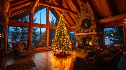 A cozy log cabin with a Christmas tree lit up inside. The warm glow of the lights creates a magical holiday atmosphere in a wooded winter setting.