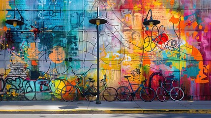 cans with spray paint and ladder near colorful graffiti on wall of building in city. AI generated illustration