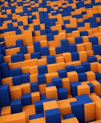 Obraz premium 3D grid orange and blue cubes, varying in size, creates visually striking and intricate pattern.