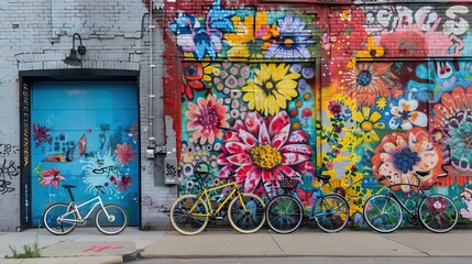 cans with spray paint and ladder near colorful graffiti on wall of building in city. AI generated illustration