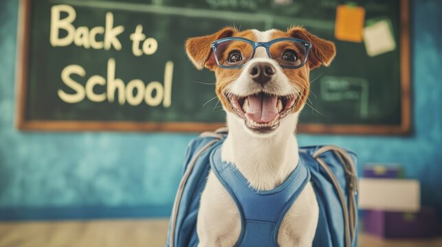 Happy back to school dpg yellow background. Nerd style in glasses. Lovely pet Jack russell terrier