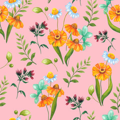 Seamless pattern of flowers on a pink background. Watercolor illustration.