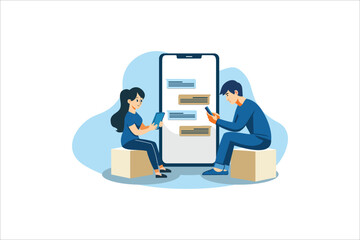 Chat messages smartphone, Sms on mobile phone screen. Man, woman couple chatting, Messaging using chat app or social network. Two persons cellphone conversation sending messages. vector illustration.