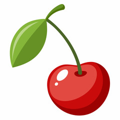 Single Red Cherry with Green Leaf and Stem