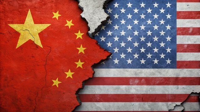Flag of the United States and China standing back to back on a torn world map, symbolizing the tense and complex relationship between the two nations.